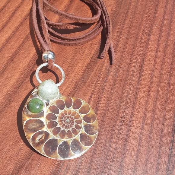 Handmade Ammonite/ Genuine Brown Leather Necklace- Ancient Earthy Vibes- - Picture 2 of 9